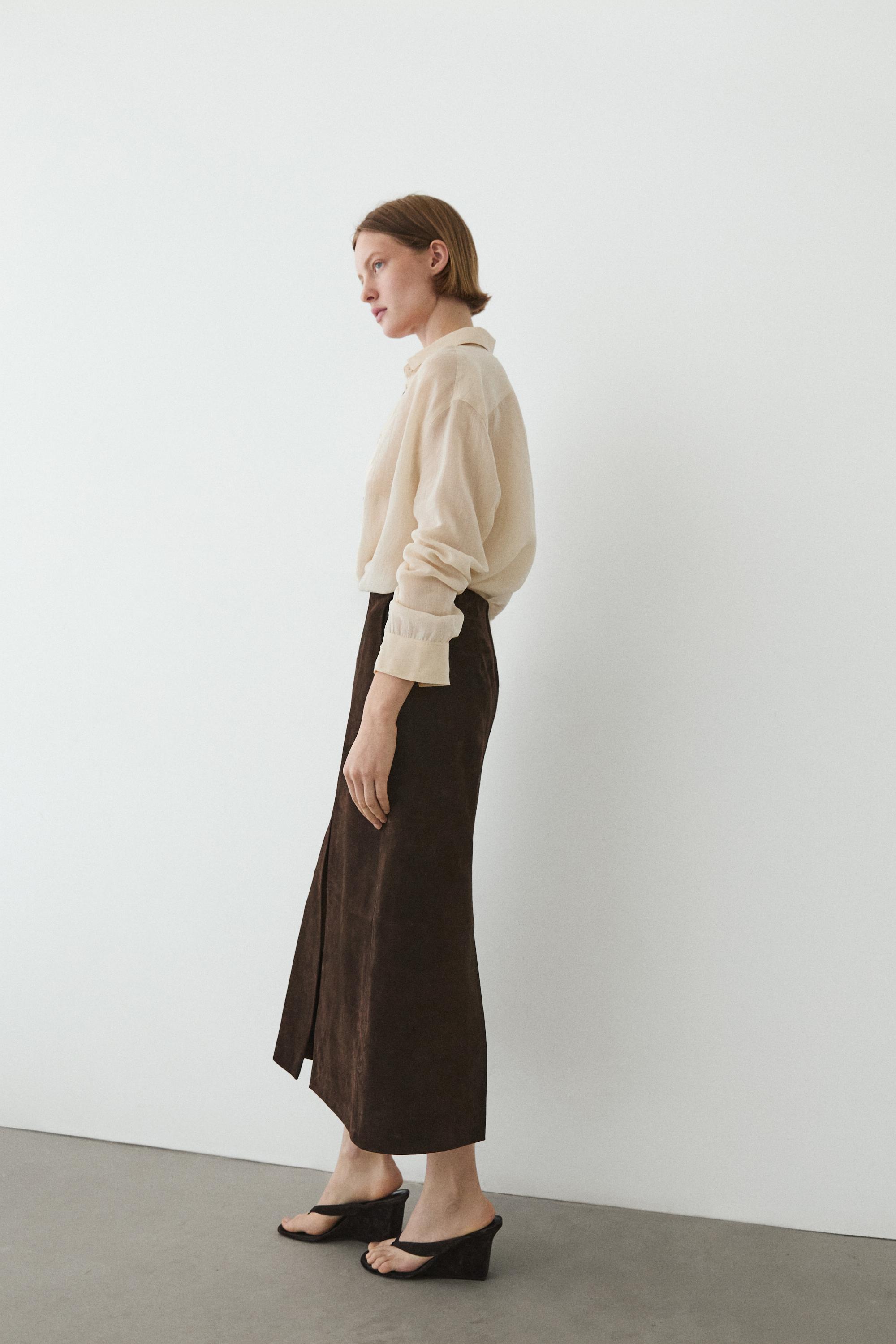 Straight nubuck leather midi skirt